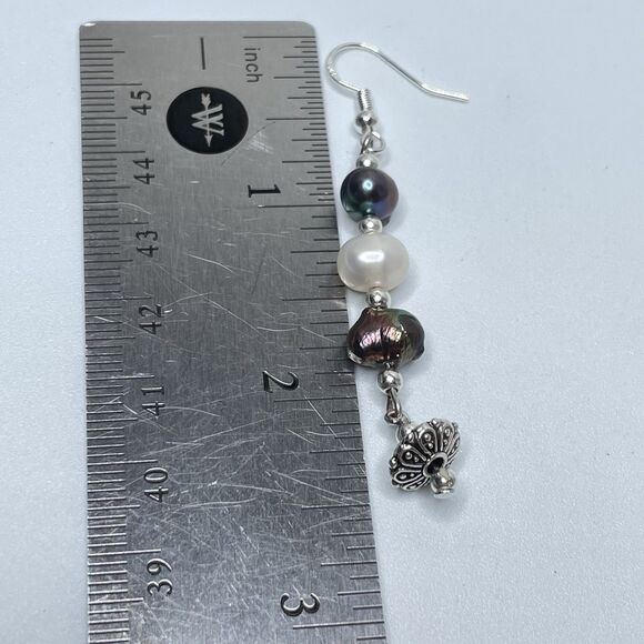 Artisan Silver Plated Dangle Earrings White Peacock Freshwater Pearl Beaded - Picture 2 of 7